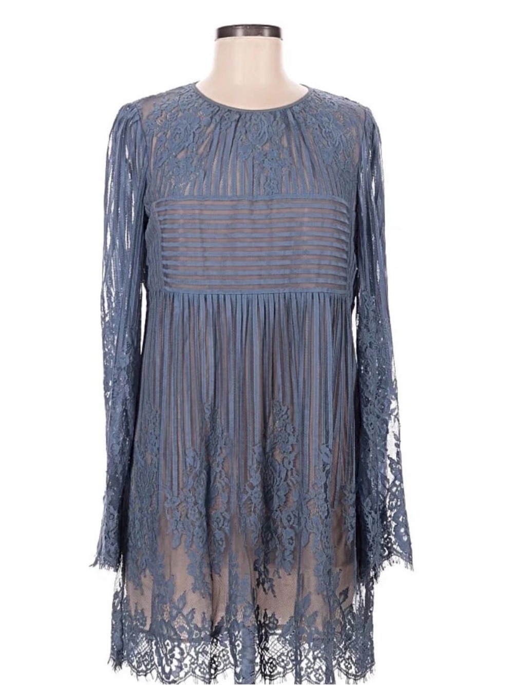 BCBG Dusty Blue Lace Long-Sleeve Babydoll Dress